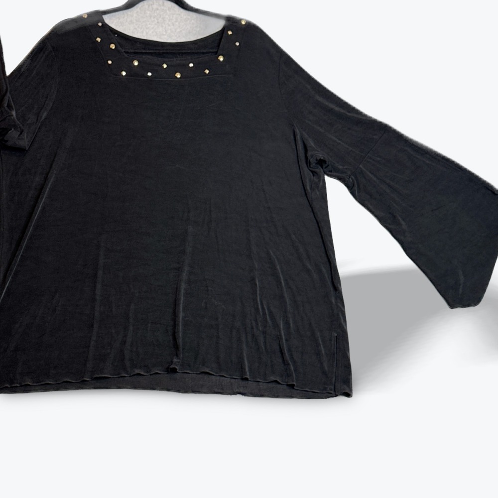 Slinky Brand Plus Size Bell‎ Sleeve Top Womens Size 2X Black Gold Studded Blouse